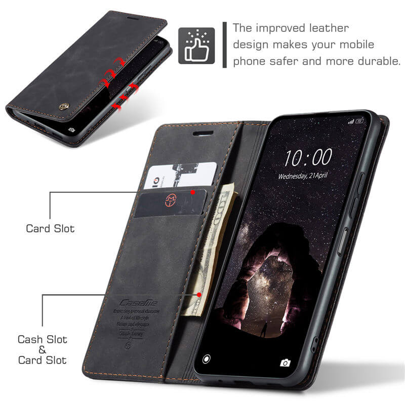 Caseme Black Wallet Retro Leather Kickstand Flip Case All-Round Protection Cover Case For Xiaomi Redmi Note 13 5G