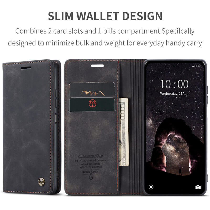 Caseme Black Wallet Retro Leather Kickstand Flip Case All-Round Protection Cover Case For Xiaomi Redmi Note 13 5G