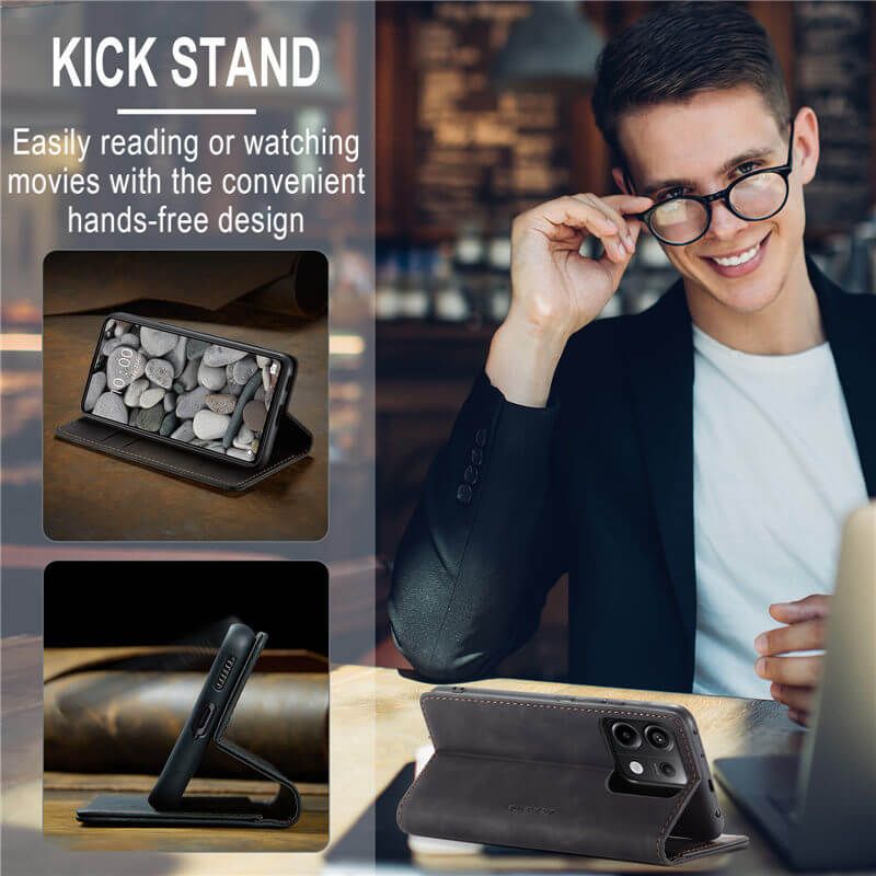 Caseme Black Wallet Retro Leather Kickstand Flip Case All-Round Protection Cover Case For Xiaomi Remi Note 13 Pro 5G