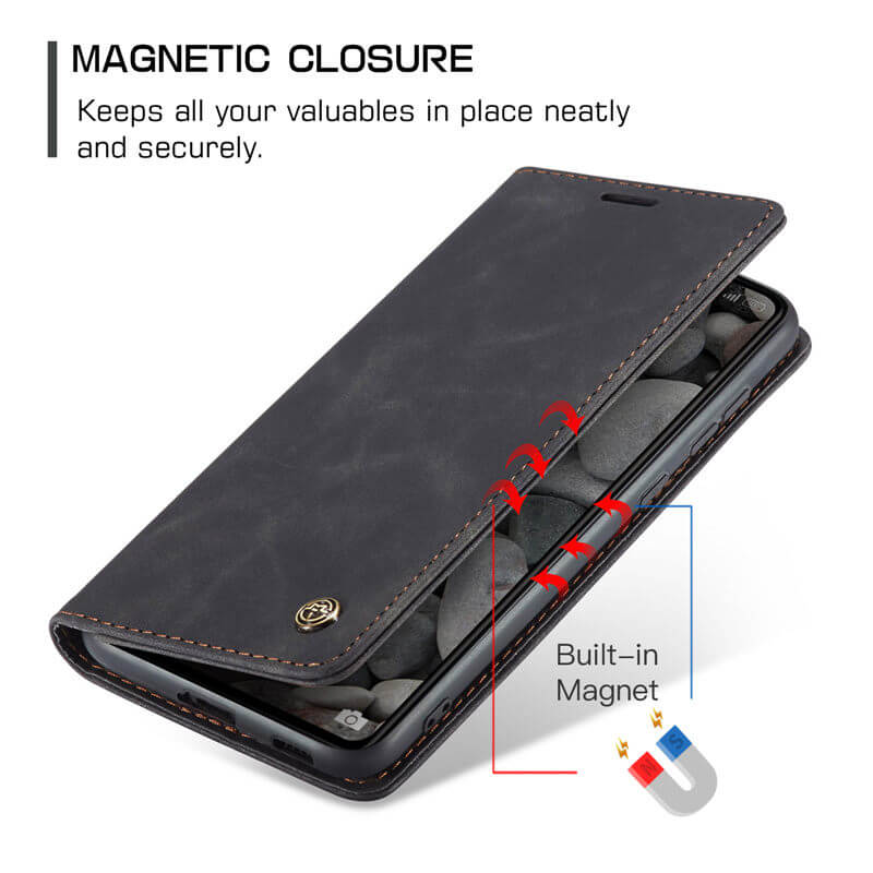 Caseme Black Wallet Retro Leather Kickstand Flip Case All-Round Protection Cover Case For Xiaomi Remi Note 13 Pro 5G