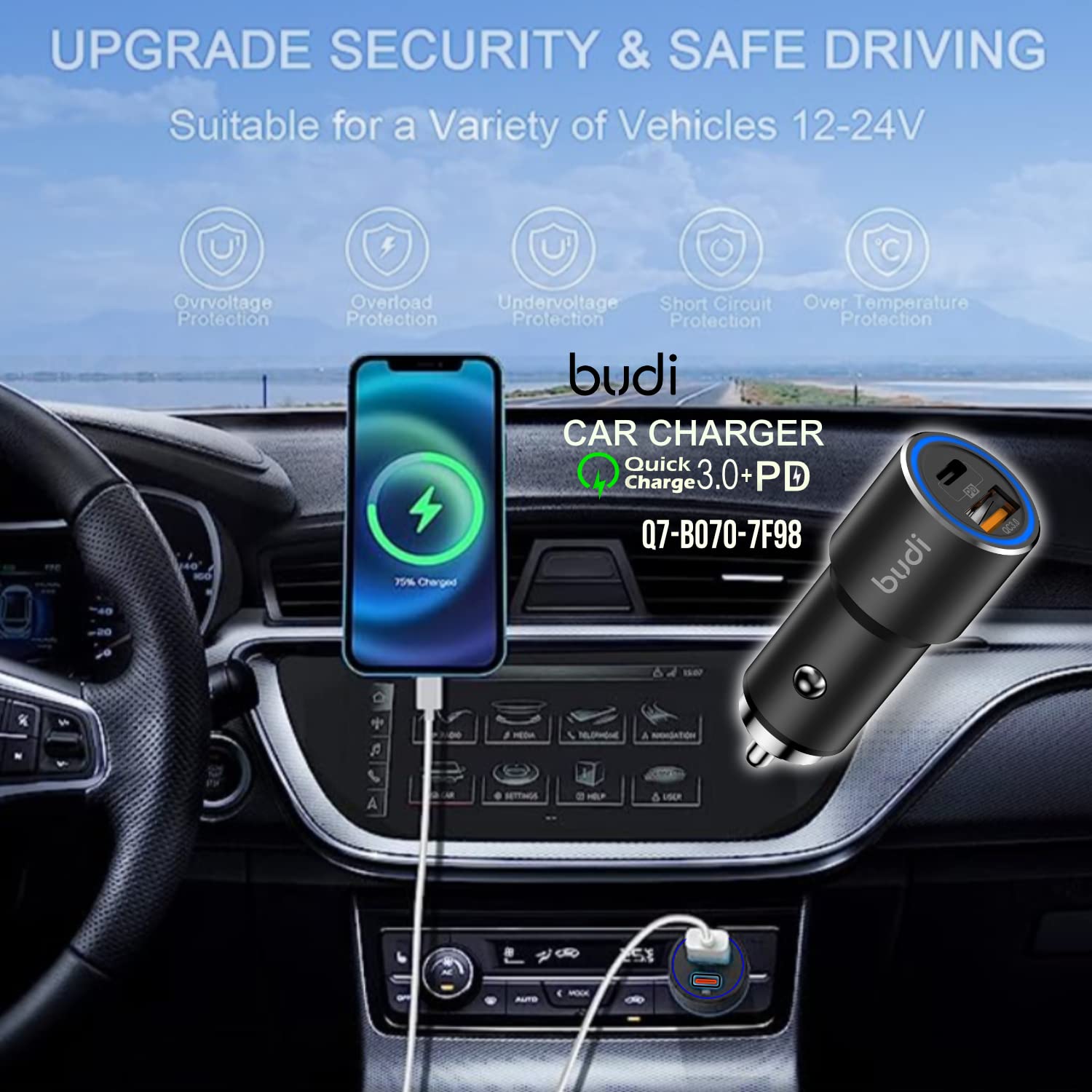 Budi Car Fast Charger with Type C Charging Port 36W PD 18W Quick Charge 3.0 Compatible with iPhone/Samsung/MI/Oppo/Vivo/Tablets