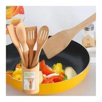 5pcs Bamboo Wooden Kitchen Cooking Utensils Set Tools Spatula Spoon Turner for Non-Stick As Per The Picture 4 Spoons