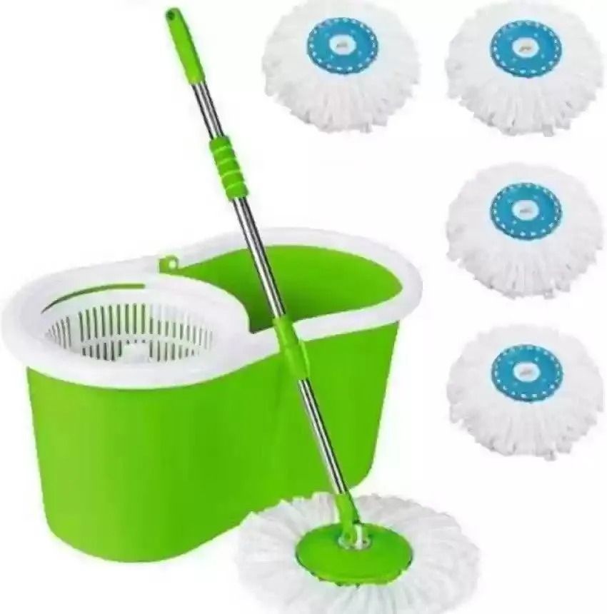 Metallic spin mop with wheels and extra mop cloth; 46× 22 × 26.5cm.360 rotating washable mop No spills, no shock