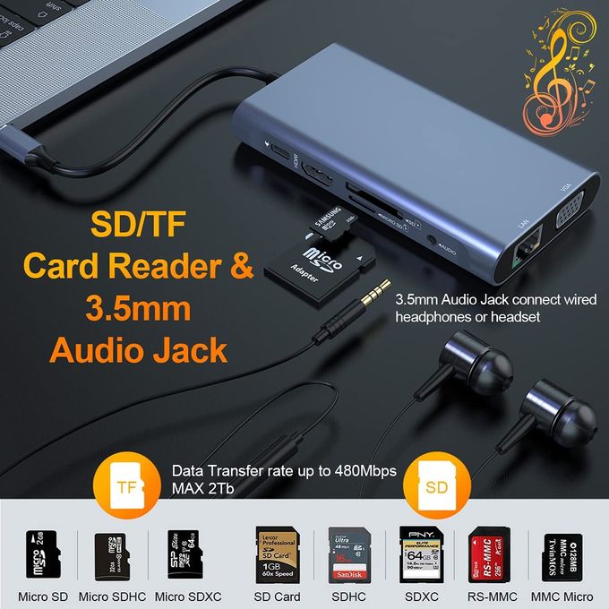 10 In 1 Type C Hub Adapter USB C Docking Station With Gigabit Ethernet