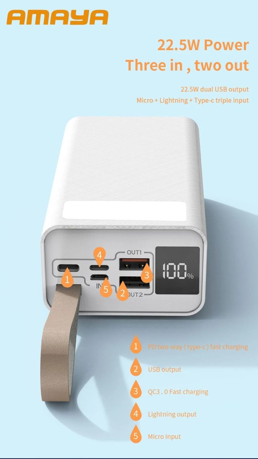 Amaya APW-04 power bank 40000mAh 22.5W super fast charging with flashlight