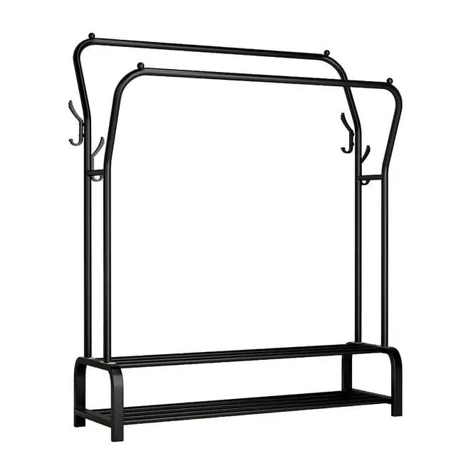 Curved Double Clothes Rack with 2 Bottom Shelf Storage Organizer Space & has Side Hooks