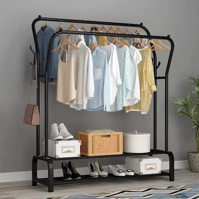 Curved Double Clothes Rack with 2 Bottom Shelf Storage Organizer Space & has Side Hooks