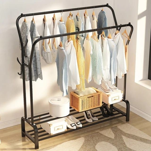 Curved Double Clothes Rack with 2 Bottom Shelf Storage Organizer Space & has Side Hooks