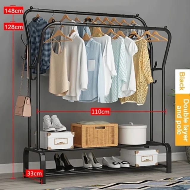 Curved Double Clothes Rack with 2 Bottom Shelf Storage Organizer Space & has Side Hooks