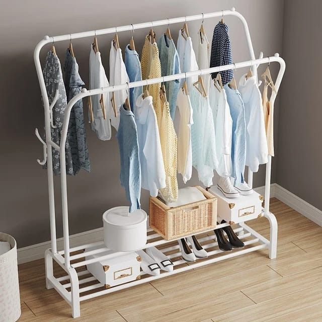 Curved Double Clothes Rack with 2 Bottom Shelf Storage Organizer Space & has Side Hooks