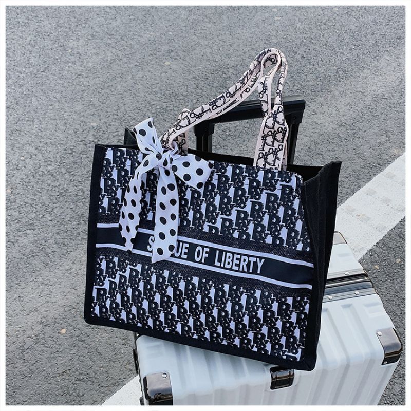 Exquisite Workmanship Canvas Shoulder Large Capacity Silk Scarf Women's Casual Tote Bag