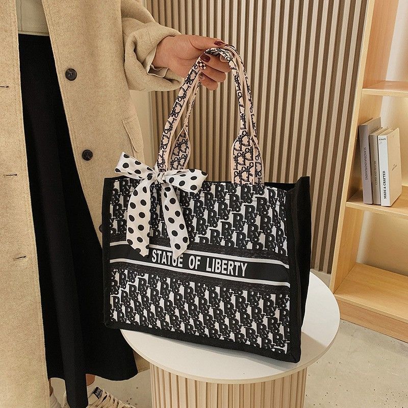 Exquisite Workmanship Canvas Shoulder Large Capacity Silk Scarf Women's Casual Tote Bag