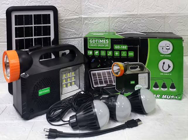 GD-106 GD-Times Solar Lighting System Kit With 3 LED Lights, Solar Panel, Power Cable And Multiple Phone Charger three bulbs-FM Radio-USB port-TF Card-music -Sport light-Bluetooth -TWS Link+