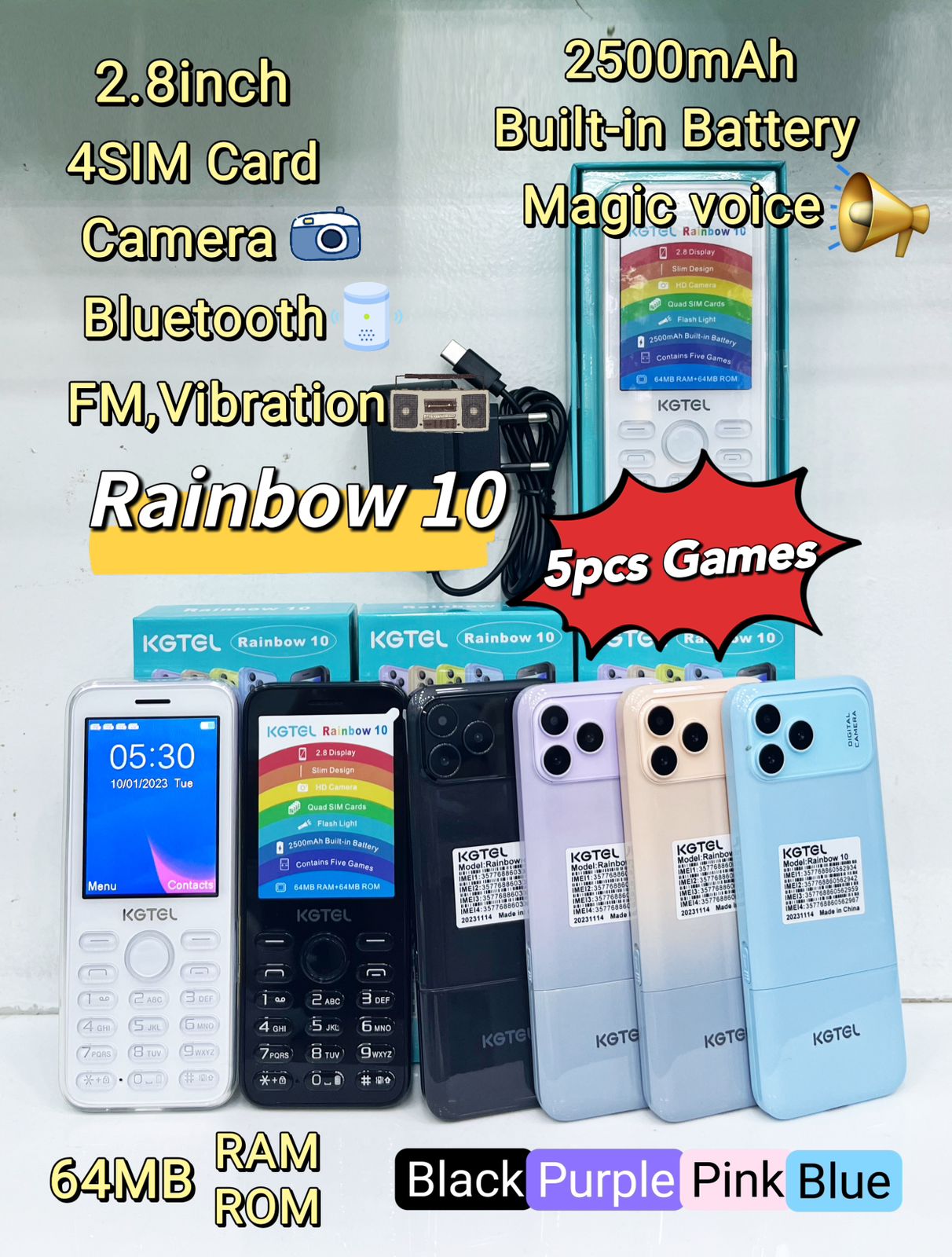 KGTEL RAINBOW 10 Quad SIM Card Wireless FM 2.8Inch 2500 mAh Large Capacity Battery MTK CPU  Featured Phone