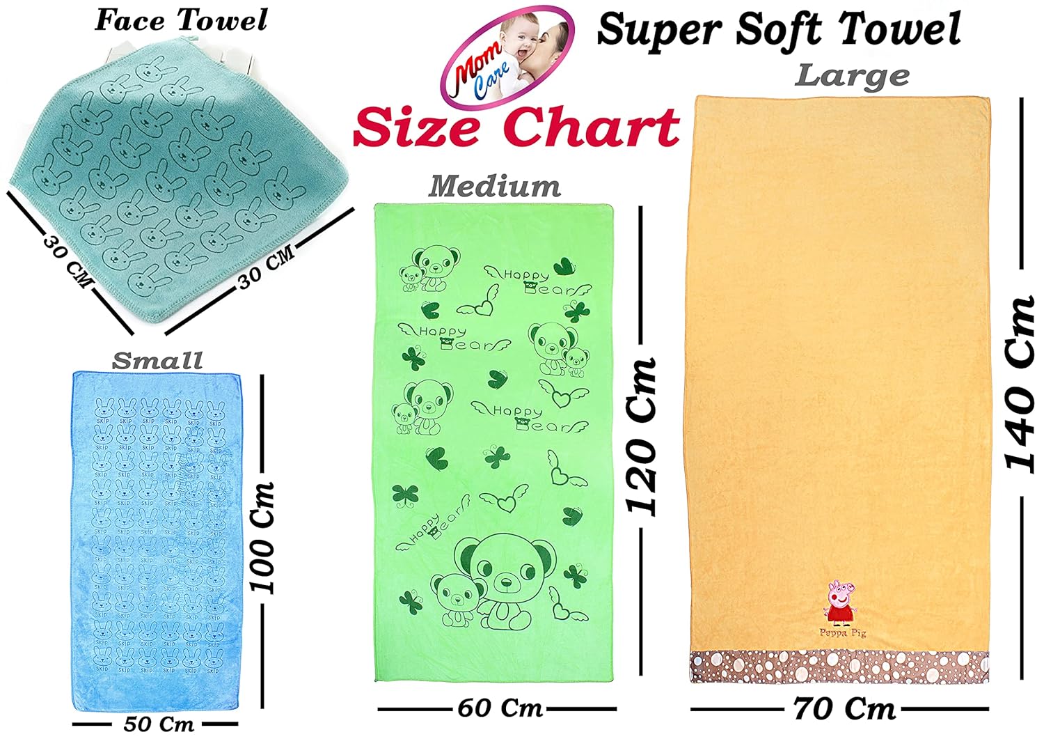 Baby Bath Towel 3Pcs Set  with Microfibre Print, Soft, Absorbent Towel Set for Daily Use, 70 x 140 cm + 36 x 74 cm + 25 x 25 cm