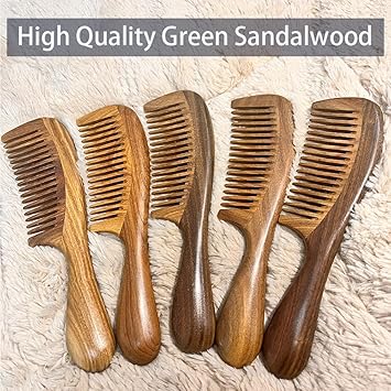 100% Natural Green Sandalwood Hair Comb - Anti-static Natural Sandalwood Hair Detox Wooden Comb (Medium Wide Teeth)