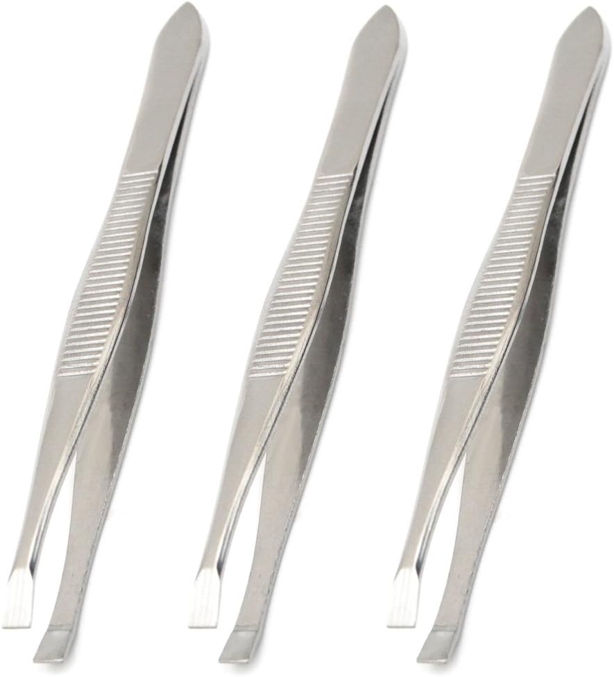 3 Pack Stainless Steel Flat Tweezers for Hair and Eyebrows - Hair Plucker and Personal Care Tool