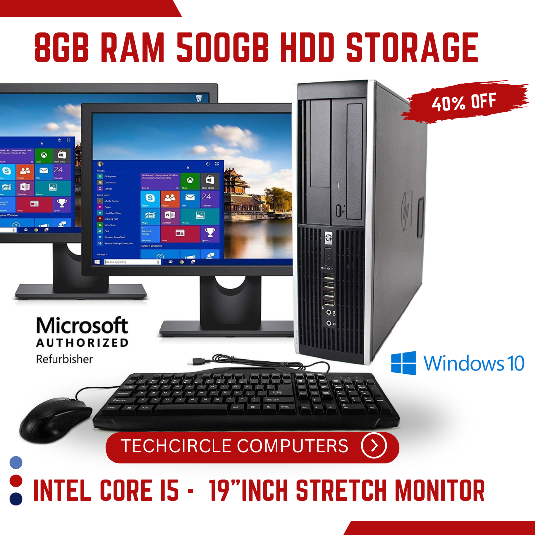 HP Elite Desktop Computer – Intel Core i5 3.1GHz, 8GB RAM, 500GB HDD, WiFi – Dual 19" LCD Monitors (Brand Varies) – Keyboard & Mouse – DVD-RW – Windows 10 (Upgrades Available), Microsoft Office Instal