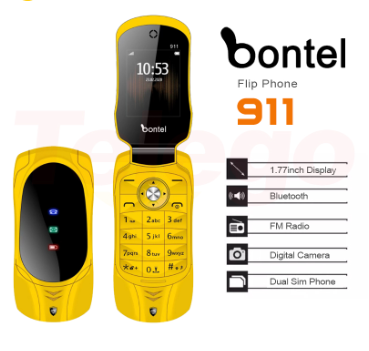 NEW BONTEL 911 DISPLAY1.77" FLIP FEATURE PHONE BATTERY CAPACITY 1000MAH FM RADIO SUPPORT OUTSIDE EARPHONE DUAL SIM CARD BRIGHT TORCH LIGHT