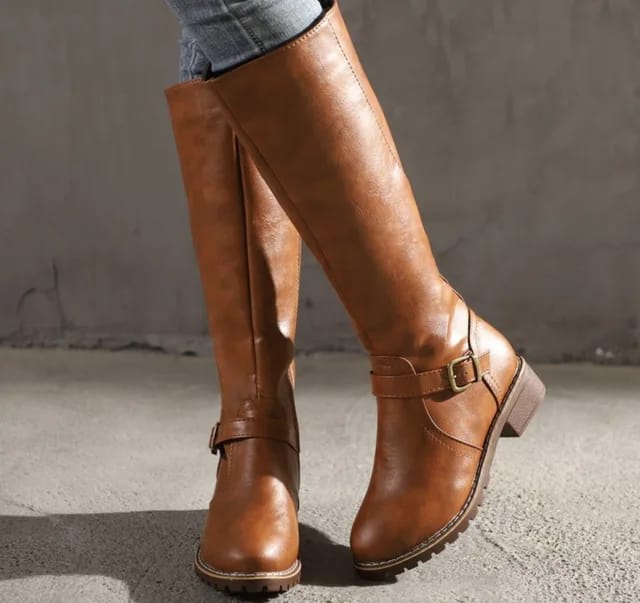 Ladies Low Heel Casual Long Women's Boots Plus Cotton Warm Zipper Round-Toe Winter Shoes Motorcycle Boots Knee High Women