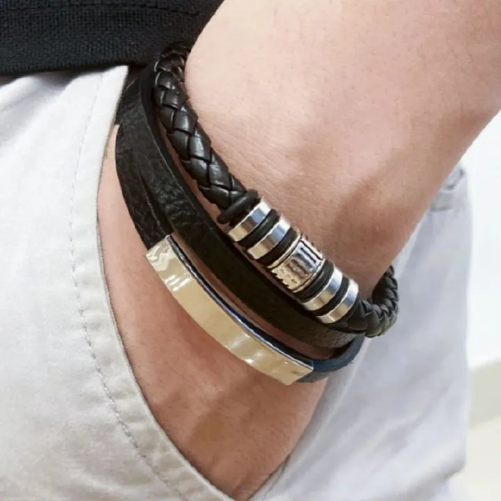 Trendy Leather Bracelets For Men Stainless Steel Bracelet 21CM Multilayer Braided Rope Bracelets for Male Jewelry Gifts
