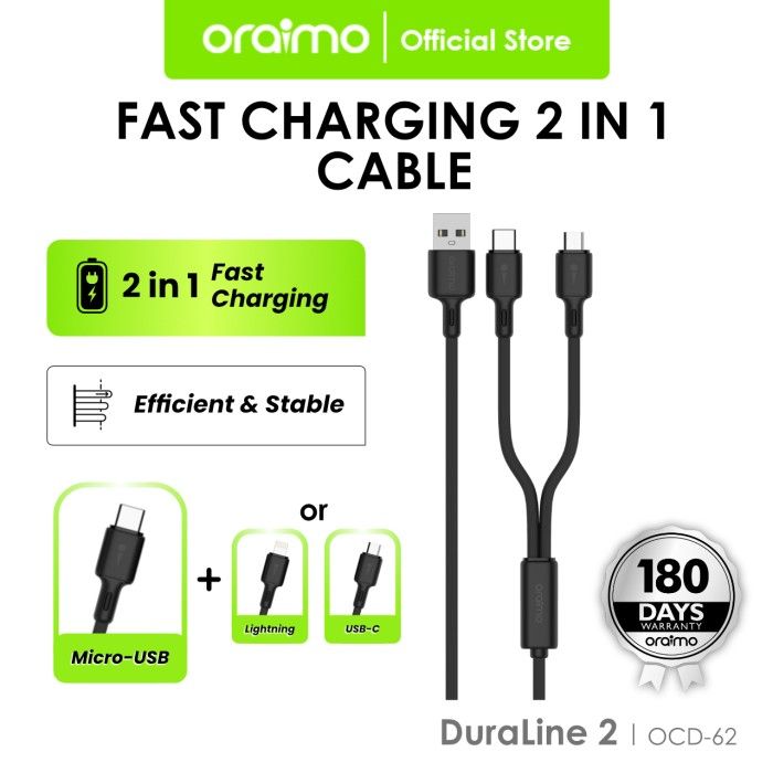 Oraimo OCD-E62 Charger Cable 2 IN 1 Micro USB Type-C -Black