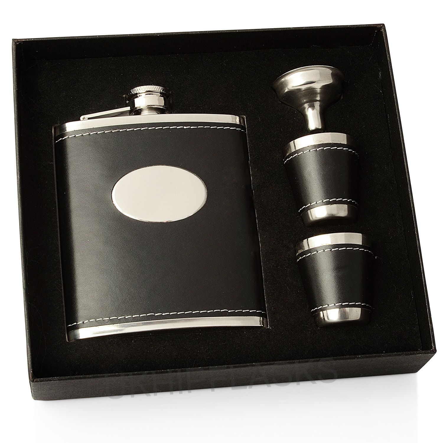 Hip whisky bottle.,Float with enjoyment with this Leather Stainless Steel Deluxe 6 Oz. Flask Gift Set. Wrapped in a leather around a stainless steel body,