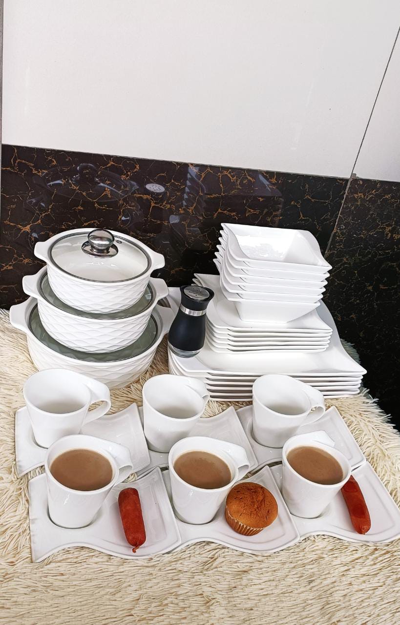 Trendy dinner sets 37 PCs dinnerset ~6 wavy plates ~6 wavy side plates ~6 wavy bowls ~6 wavy cups ~6 wavy cup saucers  ~3 serving bowls ~3 lids for the servin