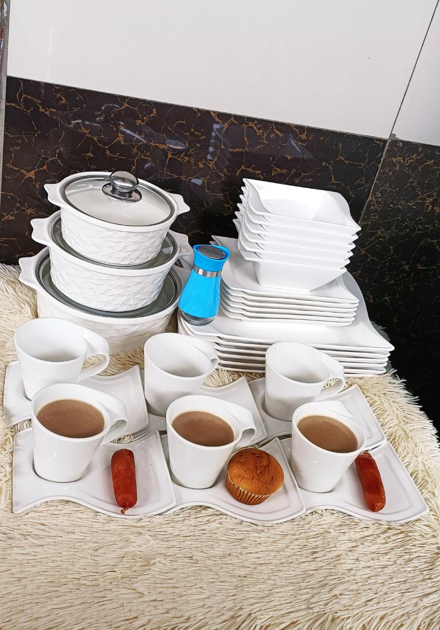 Trendy dinner sets 37 PCs dinnerset ~6 wavy plates ~6 wavy side plates ~6 wavy bowls ~6 wavy cups ~6 wavy cup saucers  ~3 serving bowls ~3 lids for the servin