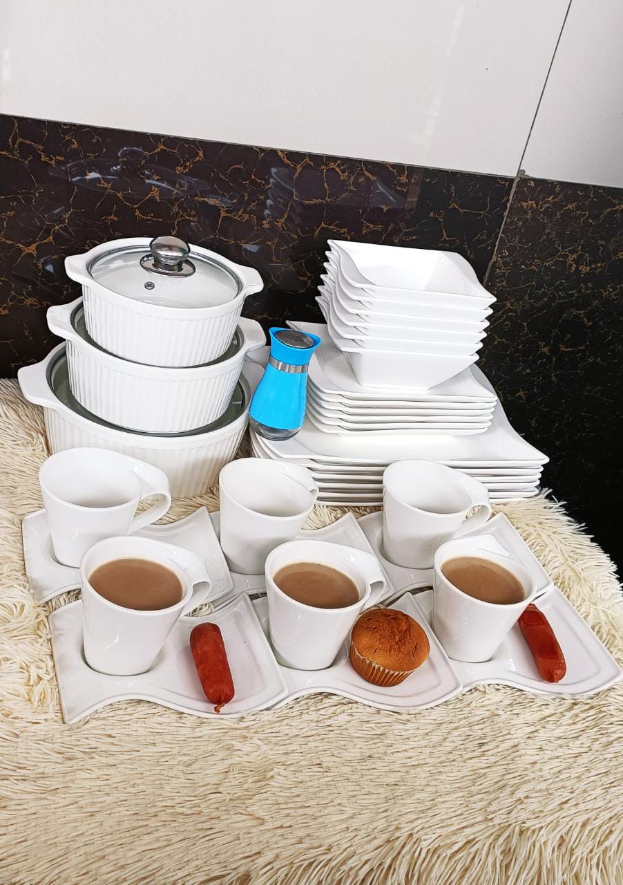 Trendy dinner sets 37 PCs dinnerset ~6 wavy plates ~6 wavy side plates ~6 wavy bowls ~6 wavy cups ~6 wavy cup saucers  ~3 serving bowls ~3 lids for the servin