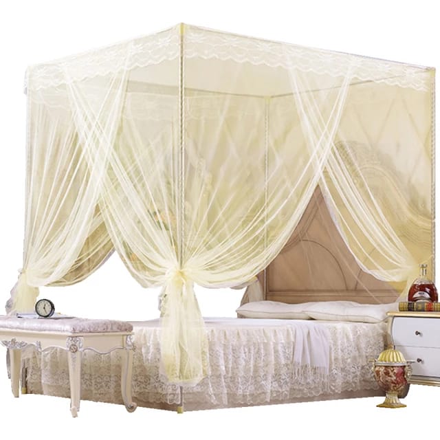 4 STAND MOSQUITO NET; 
Have a peaceful and good sleep.100%polyester mesh fabric ,TC fabric / cotton fabric conic apex plastic with loop metal hook