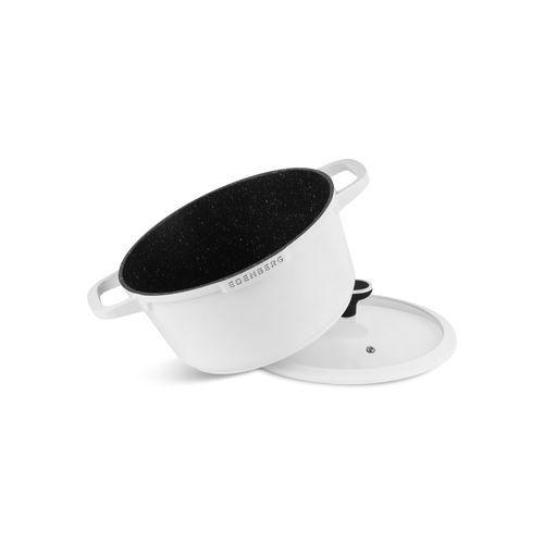 EDENBERG 12pcs Set Matt White + Black Color Handle The pots are made of high quality pressed aluminium with a ceramic marble coating which is additionally coated with a non-stick layer.