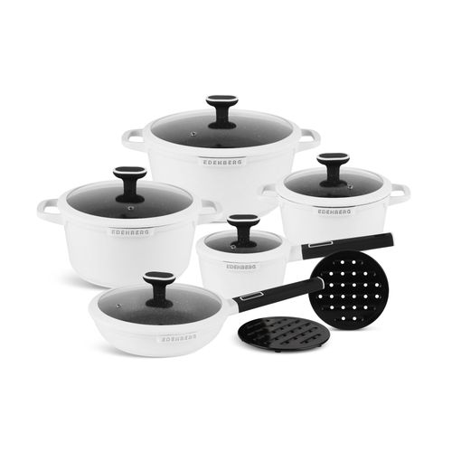 EDENBERG 12pcs Set Matt White + Black Color Handle The pots are made of high quality pressed aluminium with a ceramic marble coating which is additionally coated with a non-stick layer.
