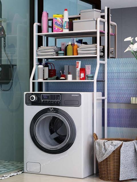 3 Tier Over The Washing Machine Storage Rack Suitable to place at bathroom, kitchen, balcony. The height of each tray can be adjusted freely by rubber ring.