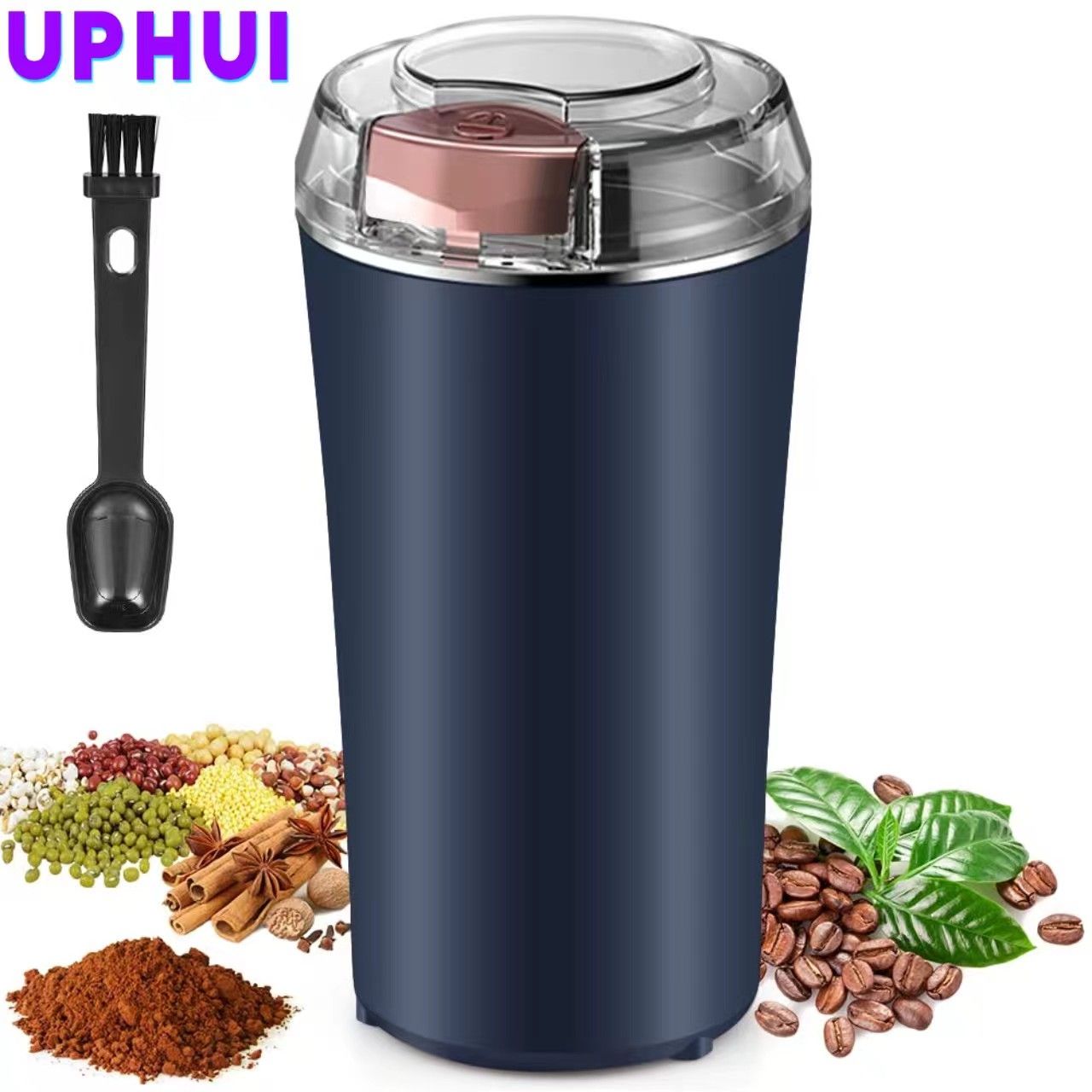 UPHUI Grinders Electric coffee grinder,  bean grinder, spice grinder, coffee bean vanilla grinder with integrated brush scoop, one touch button stainless steel grinding vanilla peanut cereal beans