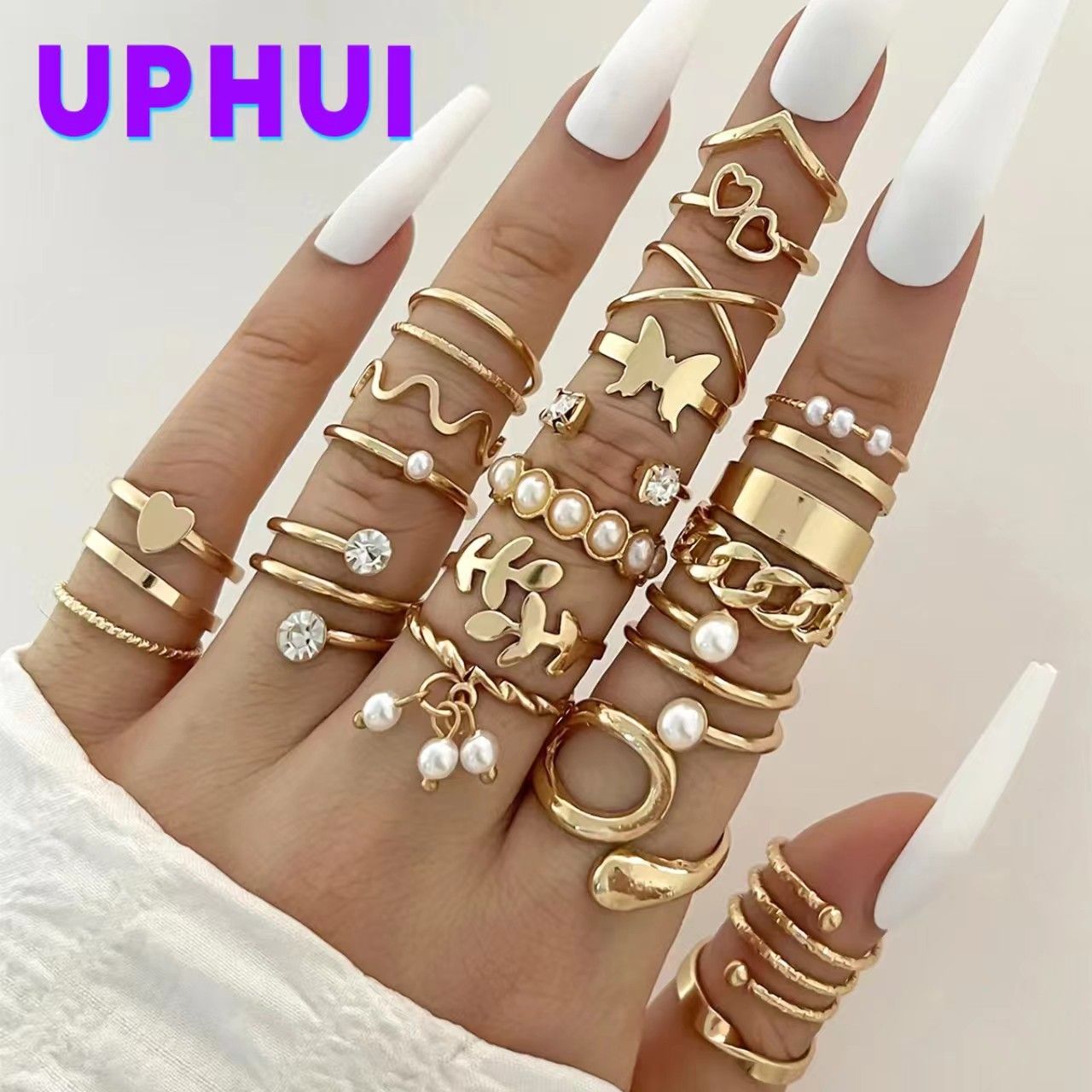 UPHUI Large size specifications 22Pcs/Set Gold Color Rhinestone Ring Set For Women Vintage Heart Butterfly Pearl Geometric Knuckle Ring Fashion Party Jewelry Gold,as the picture shows