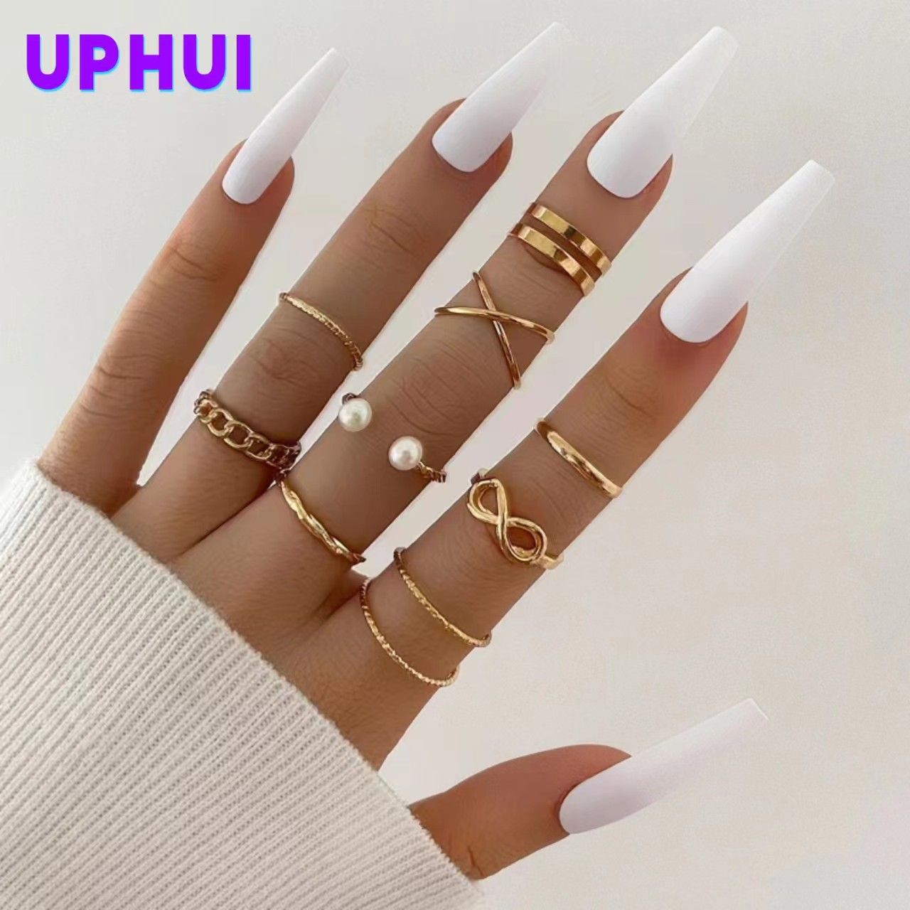 UPHUI 9-piece ring set Bohemian style inlaid pearl joint ring 8-character geometric hollow design combination ring set daily wear festival set