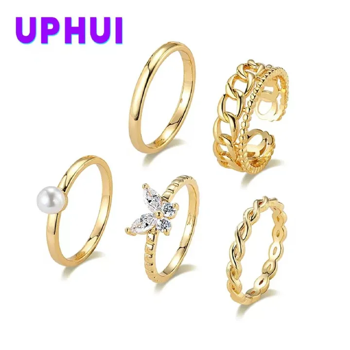 UPHUI 5Pcs Ladies' Ring Set Open Ring Pearl Ring Butterfly Rings High Quality Zircon Statement Simple Light Luxury Open Finger Rings for Women and Girls