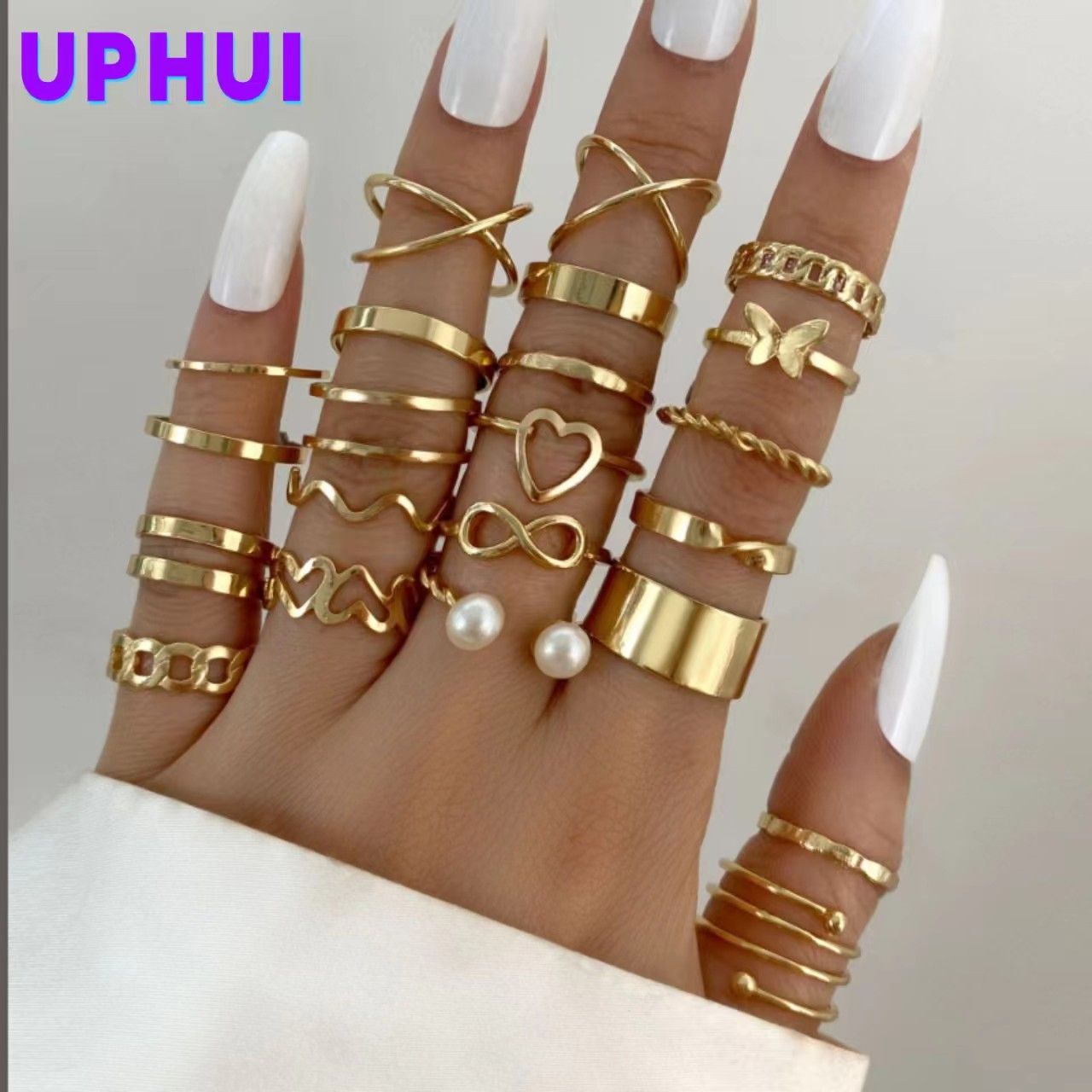 UPHUI Ring 22-piece set new butterfly rings opening multi-joint ring set love ring female high-quality accessories design sense gift decoration photography props