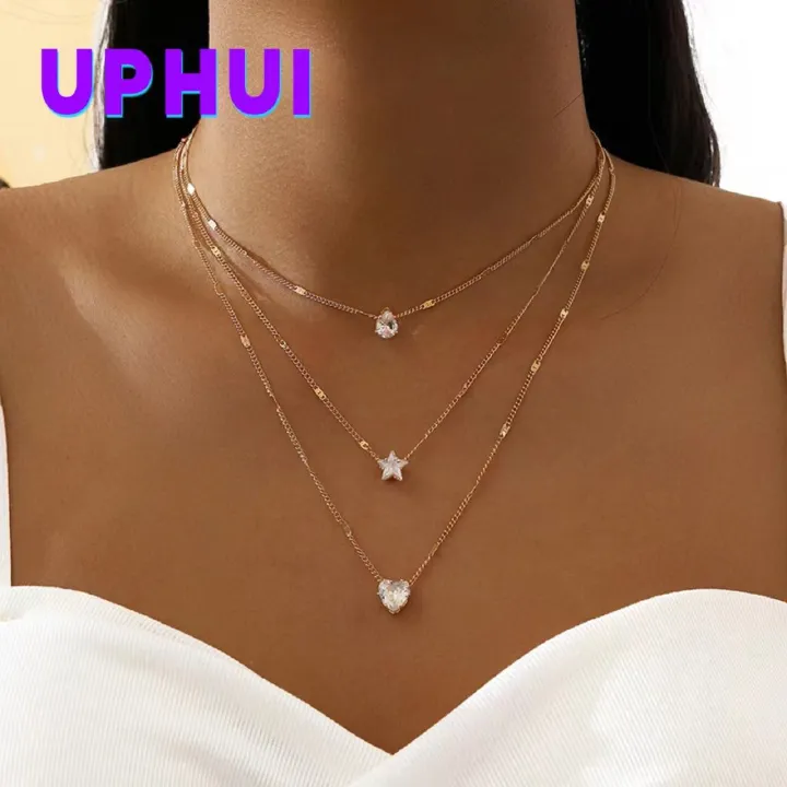 UPHUI Necklace Explosive Zircon Pendant Necklace Women Pentagram Love Heart-shaped Water Drop Pendant Creative Simple Fashion Three Layers A Total of Three Necklaces Clavicle Chain Gifts Daily Wear