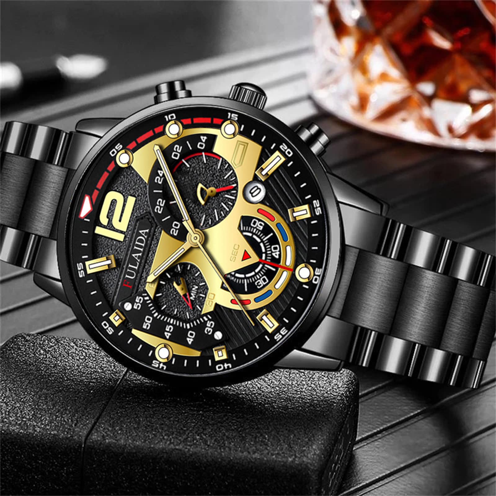 UPHUI Men Watches Fashion Sport Men's Stainless Steel Case Steel Band Quartz Analog Wrist Watch