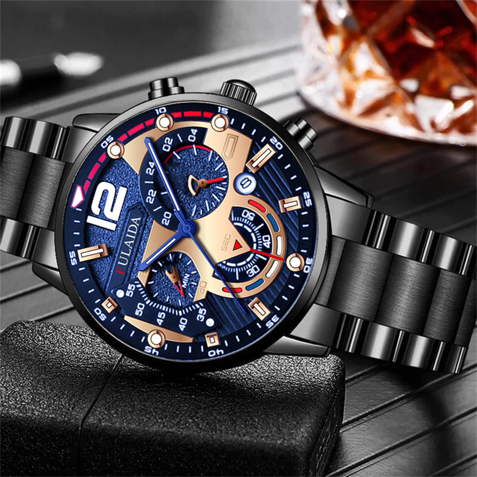 UPHUI Men Watches Fashion Sport Men's Stainless Steel Case Steel Band Quartz Analog Wrist Watch
