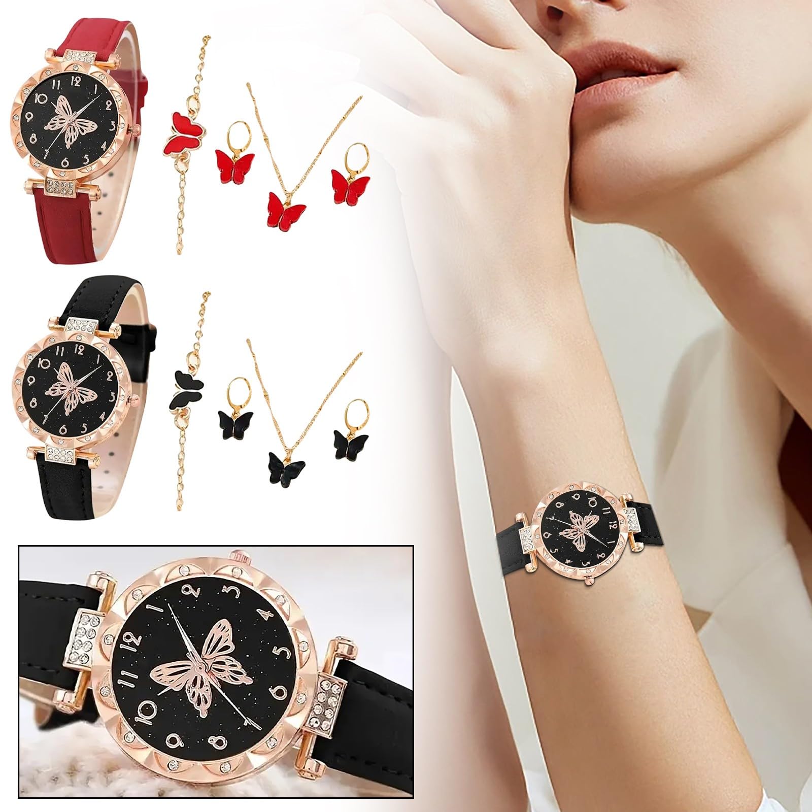 UPHUI Watches Set 6pcs/Set Fashion Butterfly Ladies Belt and Women's Watches Watch Set