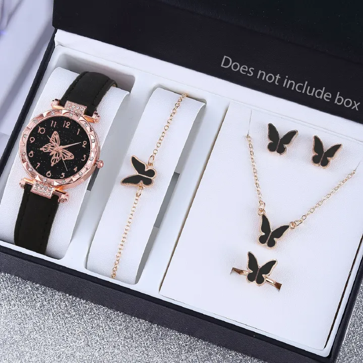6 In 1 Women's Watch Jewelry Set Earrings Rings Necklace Bracelet Set  Ladies' Butterfly Jewelry Set Women's Wristwatch Leather Strap Quartz Watch Ladies' Butterfly Watch Set For Daily Wear Parties