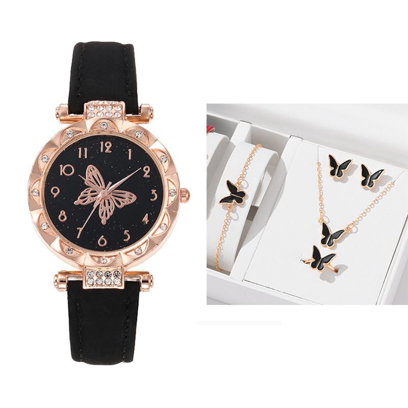 UPHUI Watches Set 5pcs/Set Fashion Butterfly Ladies Belt and Women's Watches Watch Set Black