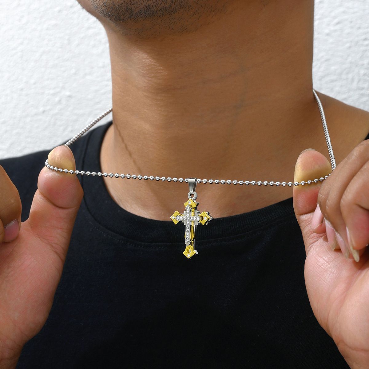 Cross-border Multi-layer Diamond Cross Men's Necklace Sweater Chain All-match Trend Pendant