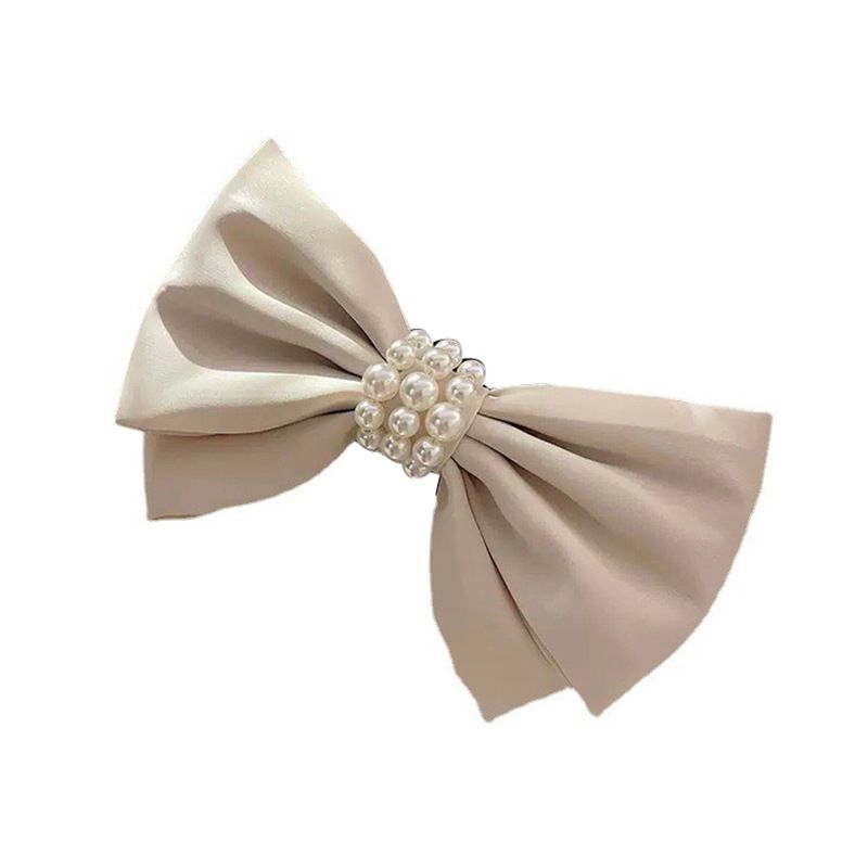 Korean Fashion Satin Big Bow Hairpin Elegant Lady Cream Pearl Top Clip Spring Clip Back Head Hairpin