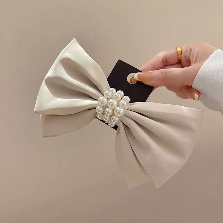 Korean Fashion Satin Big Bow Hairpin Elegant Lady Cream Pearl Top Clip Spring Clip Back Head Hairpin