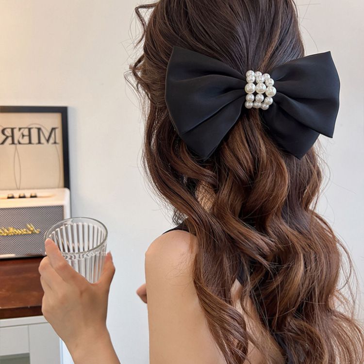 Korean Fashion Satin Big Bow Hairpin Elegant Lady Cream Pearl Top Clip Spring Clip Back Head Hairpin