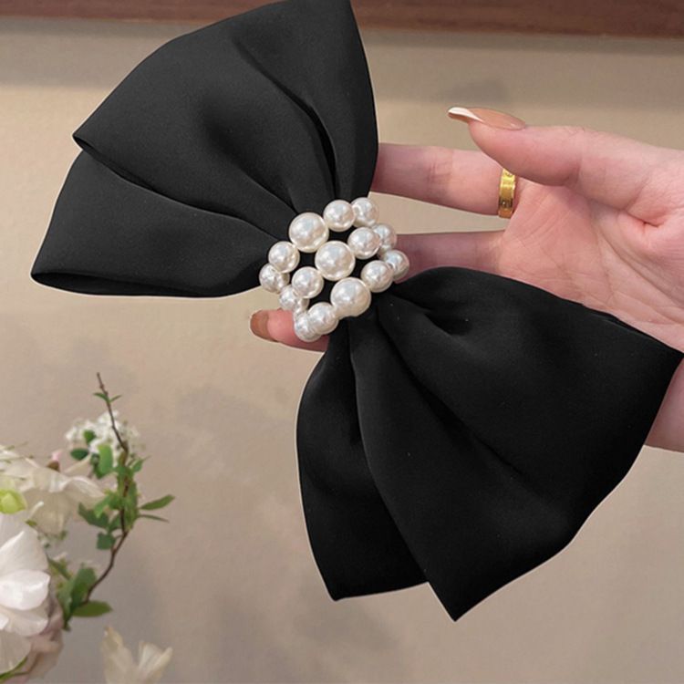 Korean Fashion Satin Big Bow Hairpin Elegant Lady Cream Pearl Top Clip Spring Clip Back Head Hairpin